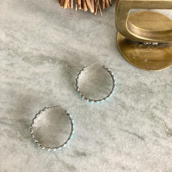 Turquoise Western Studded Silver Hoop Earrings - Picture 3 of 7